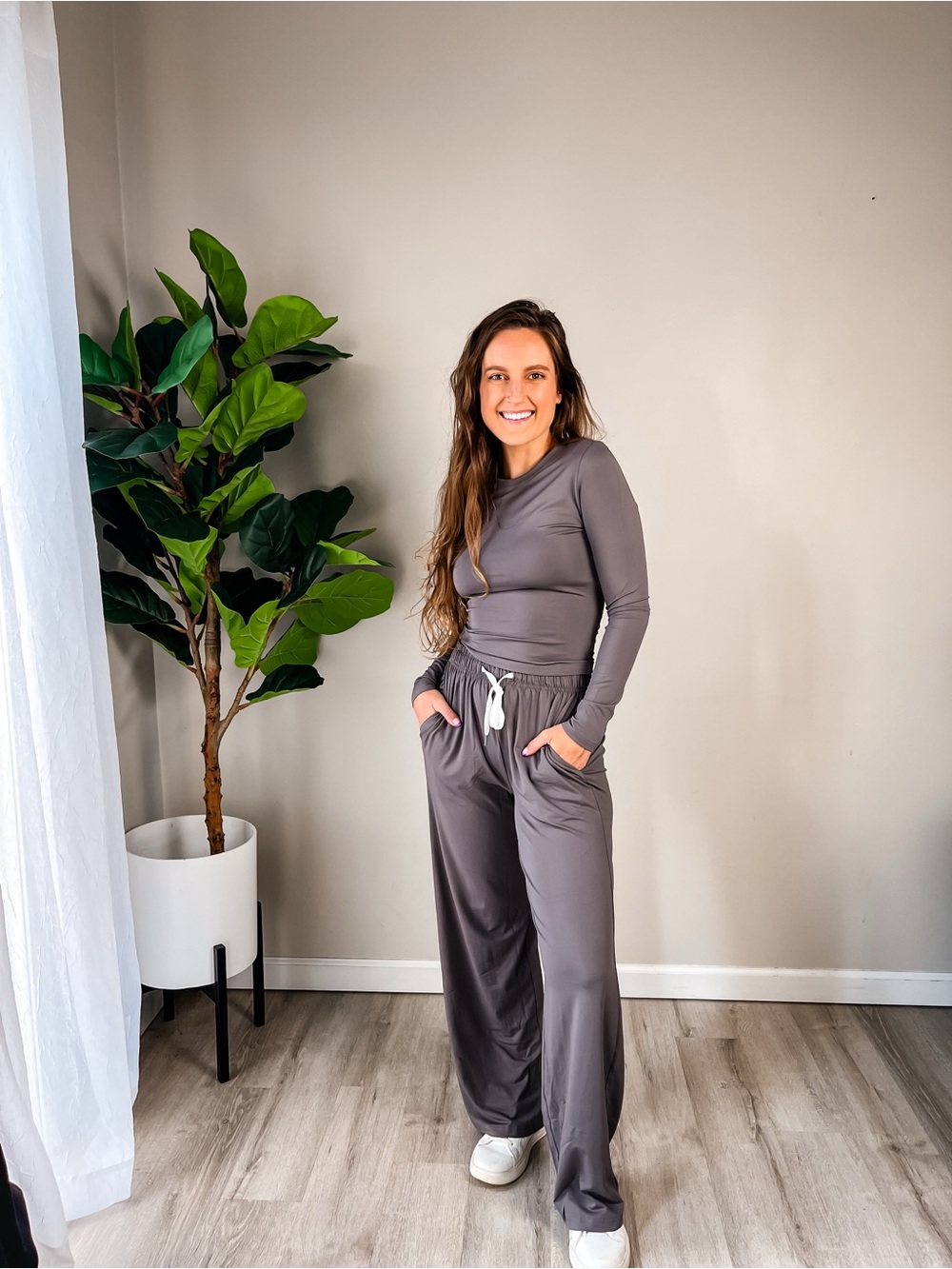 Women's Gray Wide Leg Lounge Jumpsuit with Drawstring Waist